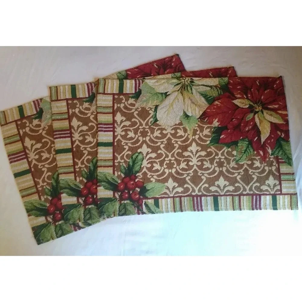 3 Christmas Tapestry Placemats Poinsettia Scroll Design Stripe Border  18.5